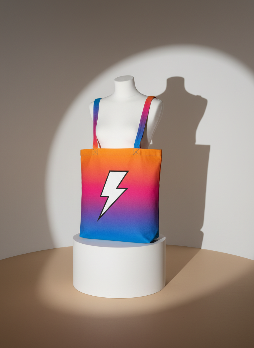 A pristine white mannequin torso wearing a vivid gradient-colored tote bag emblazoned with an abstract lightning-bolt logo, symbolizing a bold brand identity. The tote’s fabric texture is subtly visible, with thick woven handles and a slightly glossy print. It stands on a simple cylindrical plinth in a vast, empty studio with a warm beige floor and off-white backdrop. A dramatic spotlight from the upper right creates a strong, triangular shadow of the mannequin and tote on the wall, adding a sense of power and clarity. Shot from a low angle with tight framing, the photographic image feels iconic and product-focused, ideal for showcasing branding and merch concepts from a confident marketing agency.