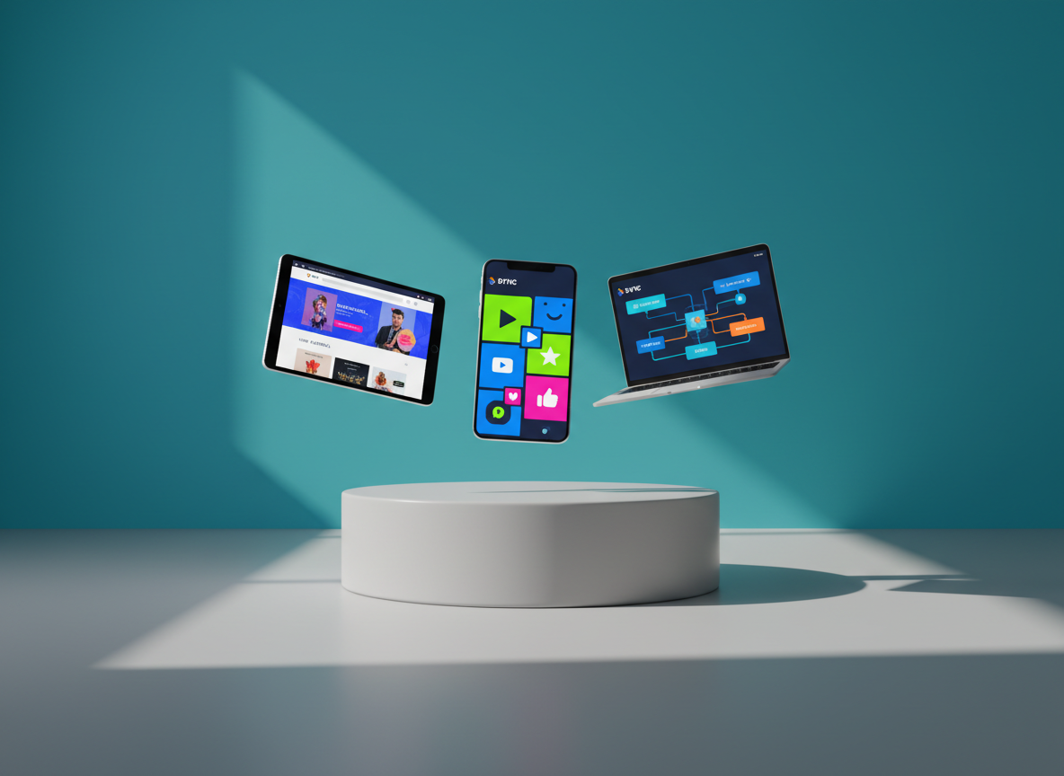 An arrangement of floating devices—tablet, smartphone, and slim laptop—suspended in midair above a smooth light-gray pedestal, each screen showcasing different aspects of a unified brand: a vibrant e-commerce homepage, bold social media tiles, and an automation dashboard with clean flow charts. The environment is a minimalist studio with a solid, saturated teal backdrop. Hard, directional lighting from the upper left carves out dramatic, razor-sharp shadows on the pedestal and backdrop, enhancing a sense of motion and innovation. Shot at eye level with a wide lens for a slightly exaggerated perspective, the composition feels futuristic, confident, and visually punchy, perfectly embodying a bold, millennial-run marketing agency in photographic realism.