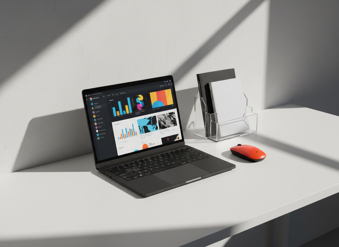 A sleek, matte-black laptop half-open on a flawless white desk, its screen displaying a bold, vibrant social media dashboard with colorful graphs and neatly arranged posts. Beside it sits a glossy neon-orange wireless mouse and a chunky acrylic desk organizer holding only a few minimalist black-and-white notebooks. Sharp directional studio lighting from the right casts crisp, graphic shadows across the desk and wall, emphasizing clean lines and negative space. The background is a plain, pale concrete wall with no distractions. Photographic realism with a slightly elevated angle and shallow depth of field creates a powerful, high-impact, modern marketing agency hero image that feels bold, efficient, and unapologetically minimal.