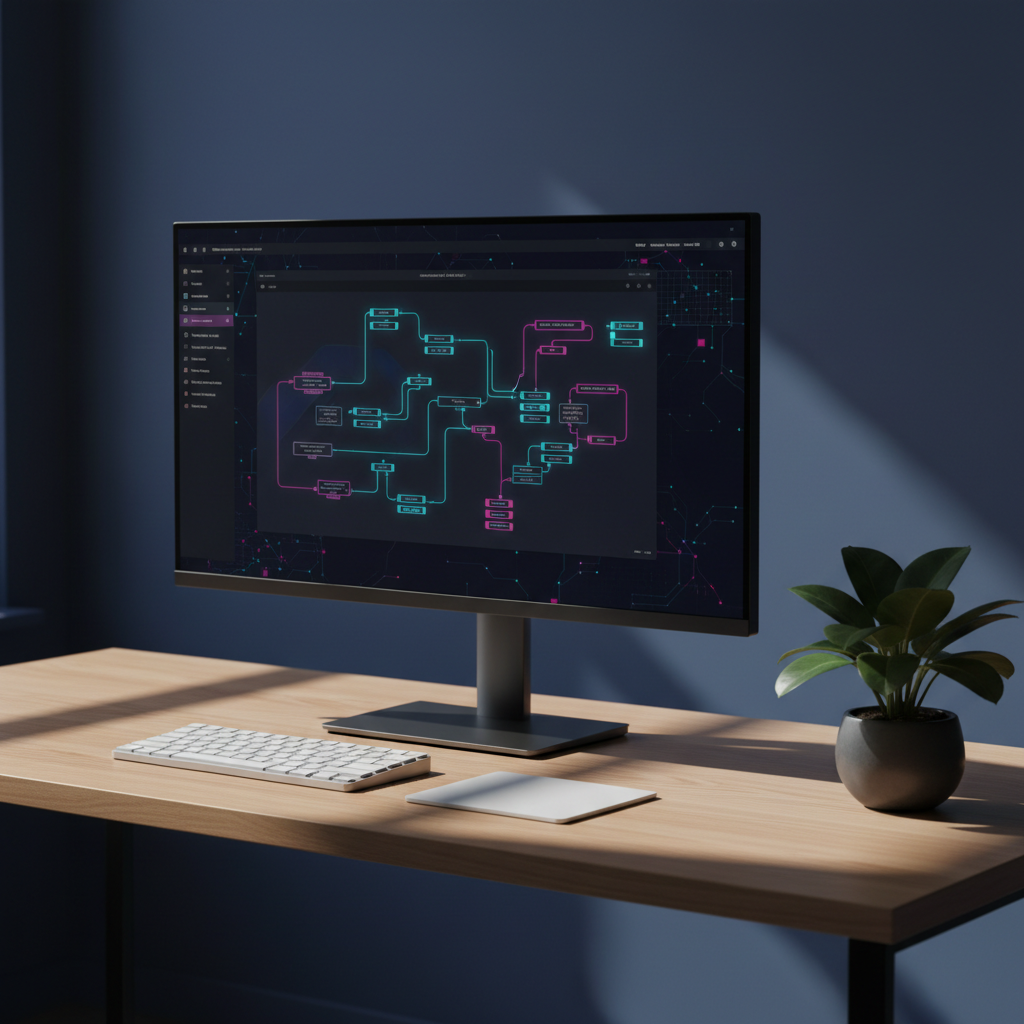 A modern desktop setup featuring an ultra-wide monitor displaying a clean automation workflow diagram in vivid cyan and magenta lines over a dark interface. The monitor sits on a slim, pale wood desk with only a compact mechanical keyboard, a minimalist white trackpad, and a single small, sculptural plant in a matte charcoal pot. The background fades into a smooth, deep indigo wall. Intense, directional lighting from the left creates a high-contrast scene with crisp shadows from the monitor and plant stretching across the desk. Photographed at an eye-level, slightly off-center angle, the image feels analytical yet stylish, capturing the precision and sophistication of a marketing agency’s automation services with a bold, minimal aesthetic.